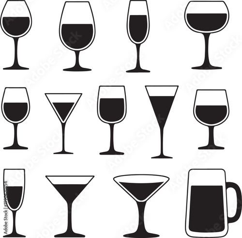 Vector icon set of utensil. Wine beer martini whiskey brandy glasses