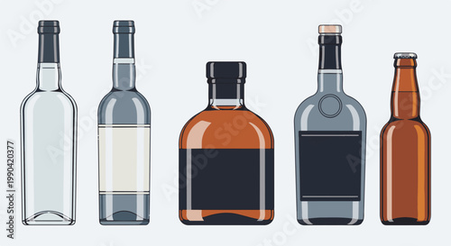 Five bottles with various liquid colors and labels arranged horizontally against a light background