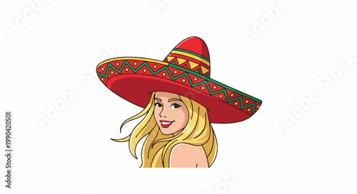 A blonde woman with a large, red sombrero adorned with green and yellow zigzags