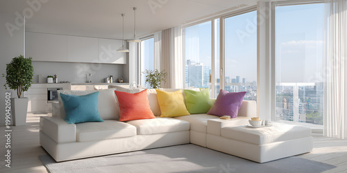 Modern living space with white furnishings. A vibrant couch features colorful pillows. Large windows offer panoramic city views