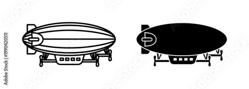 Airship Dirigible Blimp Icon Set in Outline and Silhouette