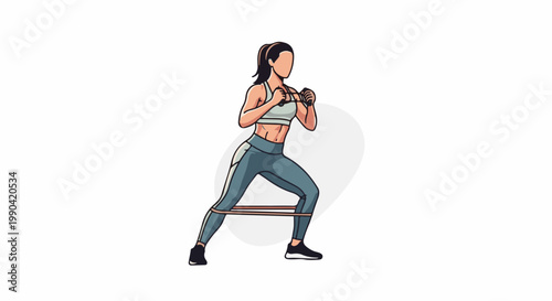 Fit woman exercising with resistance band, lunging and holding grips