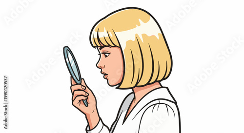 A blonde woman with a bob haircut peers intently at a magnifying glass held in her hand