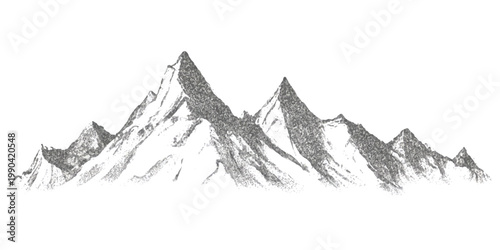 An intricate hand-drawn sketch depicting a majestic mountain range with multiple jagged peaks and textured slopes, rendered in detailed black ink on a clean white background.
