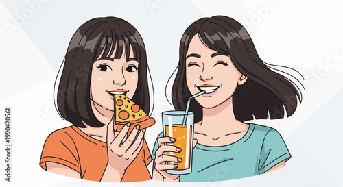 Two cheerful young women enjoying pizza and orange juice