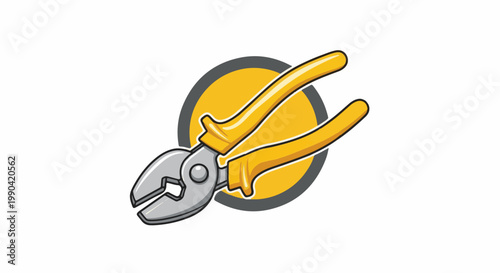 A stylized illustration of a pair of yellow-handled pliers on a gray and yellow circular background