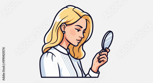 Woman with blonde hair examining herself in a hand mirror