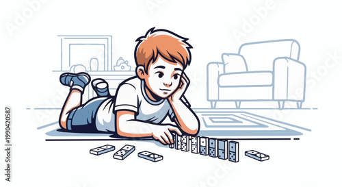 A boy lies on the floor playing with dominoes in a living room