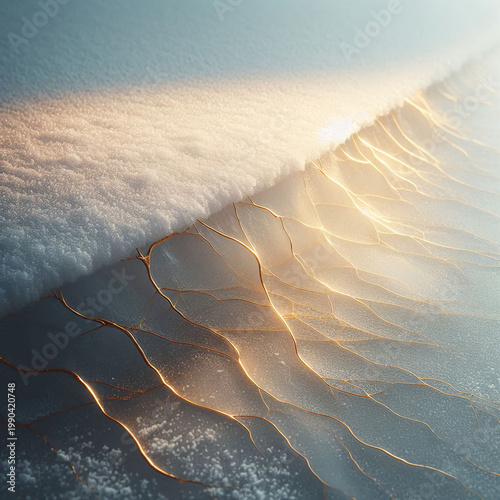 Snow Settled in Golden Ice Cracks