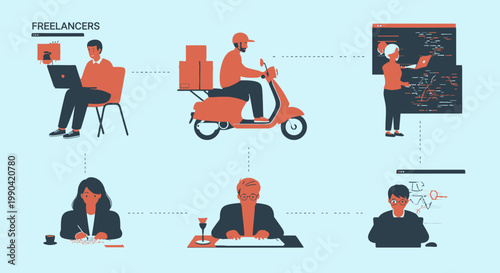 Flat illustration of diverse freelancers working in connected gig network