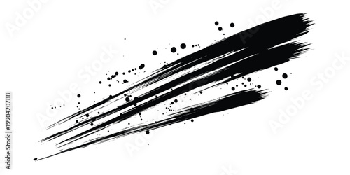 A dynamic and expressive black brush stroke with accompanying splatters and drips, creating a powerful artistic and grunge effect on a clean white background.