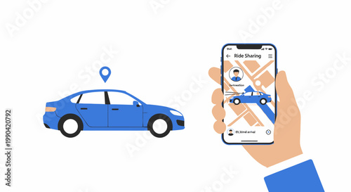 Flat illustration of ride sharing app on smartphone and car