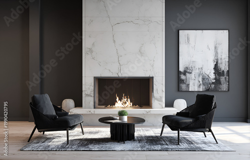 Modern interior featuring a marble fireplace with a burning fire, two black chairs, a round table, and a contemporary abstract painting