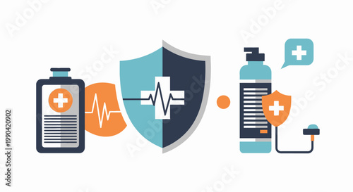 Flat medical healthcare icons with shield and heartbeat line