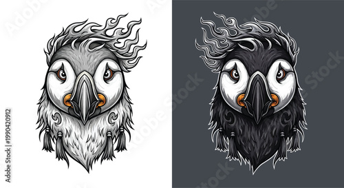 Detailed stylized illustration of a puffin head with intricate feather patterns and a fiery crest, presented in both light and dark versions.