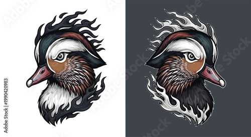 Stylized illustration of a vibrant mandarin duck head with fiery elements, presented on both light and dark backgrounds.