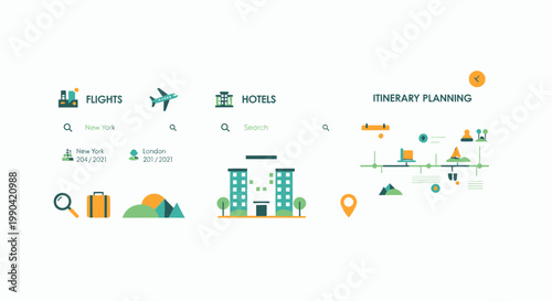 Flat travel booking interface with flights hotel and itinerary icons