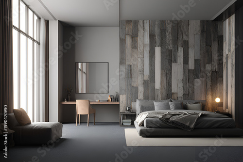 Modern bedroom with grey walls and a feature wood-paneled wall. Includes a desk, bed, and large window