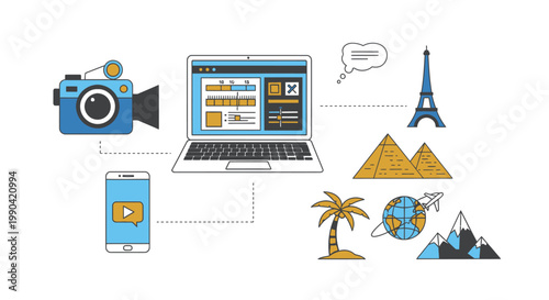 Flat travel video editing and content creation icons