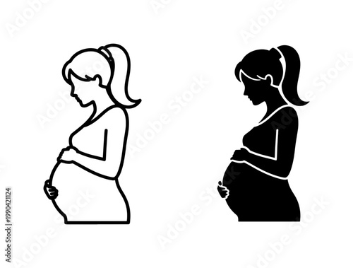 Pregnant Woman Silhouette and Line Art Icon Set