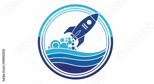 Rocket ship logo with blue waves and bubble circles for science education and space travel branding icon