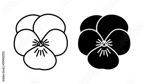 Pansy Flower Outline and Solid Black Silhouette Icons