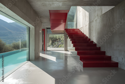 Modern architectural interior with red stairs ascending towards a window and natural light. Concrete and glass dominate the design