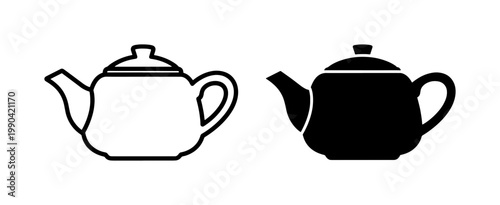Teapot outline and solid black silhouette icon set
