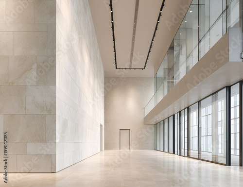 Modern architectural interior with expansive space, featuring stone walls, glass facade, and a focus on clean lines and natural light