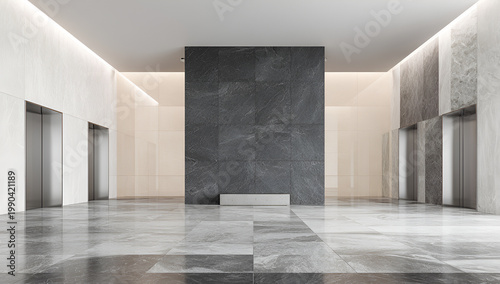 Modern architectural interior of an open lobby with elevator doors, gray tile floor, and symmetrical stone walls