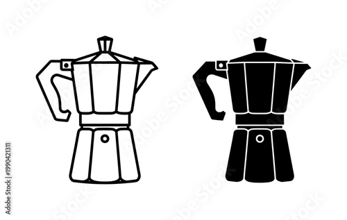 Moka Pot Coffee Maker Line and Silhouette Icon Set
