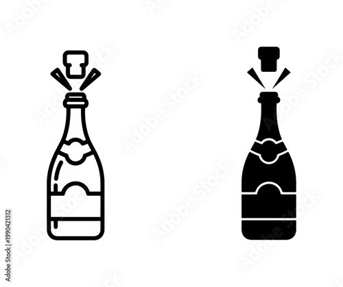 Champagne bottle popping cork icon set