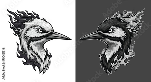 Two stylized woodpecker heads with contrasting fiery designs, one light on white and one dark on grey, facing each other.