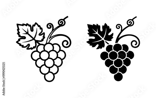 Grape bunch icon set with leaf and vine tendrils