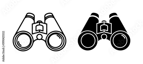Binoculars icon set with outline and solid black style