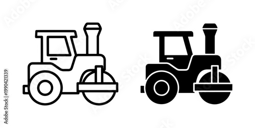 Road Roller Construction Vehicle Line and Glyph Icon Set