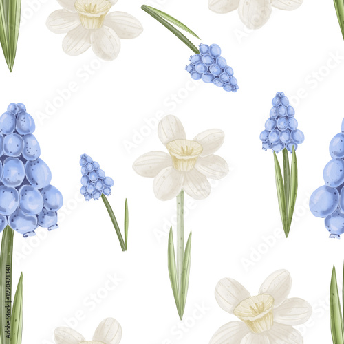 Tableau sur toile Watercolor seamless spring pattern with muscari and daffodil flowers