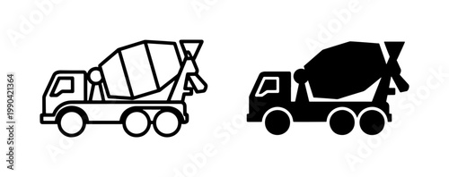 Concrete Mixer Truck Line and Silhouette Icon Set
