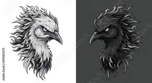 Stylized black and white bird heads with intense expressions, representing duality and contrast.