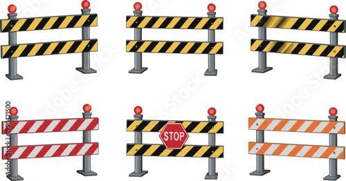 Road barrier set with construction barricades warning stripes and stop sign isolated on white background for traffic safety and urban roadwork concepts