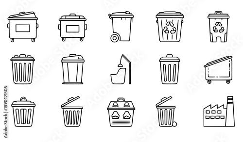 Dumpster and Garbage Container Thin Line Icon Set Recycling Waste Collection Equipment Linear Vector Illustration