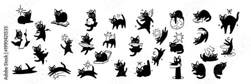 Collection of black cat and kitten silhouettes in various poses, isolated on white background. concept of pets, cute felines, domestic animal, playtime, design element. Set