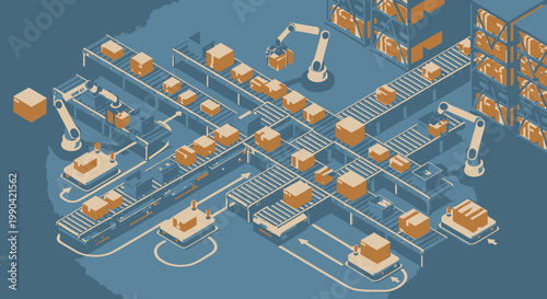 Automated warehouse logistics with robotic arms and conveyor belts