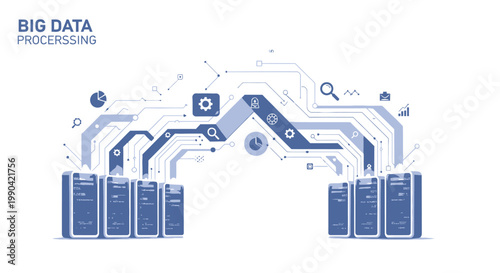 Big data processing concept with server racks and digital flow