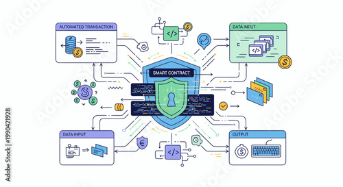 Blockchain smart contract technology workflow diagram flat illustration
