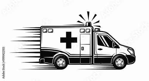 Ambulance medical emergency transport with cross symbol and speed lines in bold vector style featuring health care, first aid, paramedic with