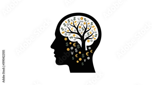 Human Head Profile Silhouette Tree with Various Currency Symbols Leaves Inside Isolated White Background