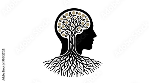 Human Head Profile Silhouette Tree with Roots and Leaves Inside Isolated White Background
