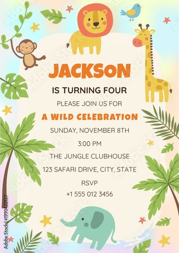 Safari birthday invitation template with cute jungle animals. Lion, giraffe, monkey, and elephant theme for kids party. Wild One celebration invite with tropical palm leaves and editable text