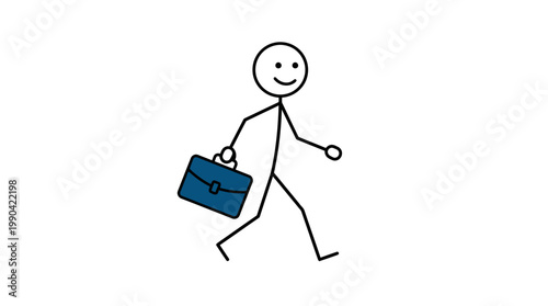 Happy Stick Figure Man Walking with Briefcase Line Art on Isolated White Background